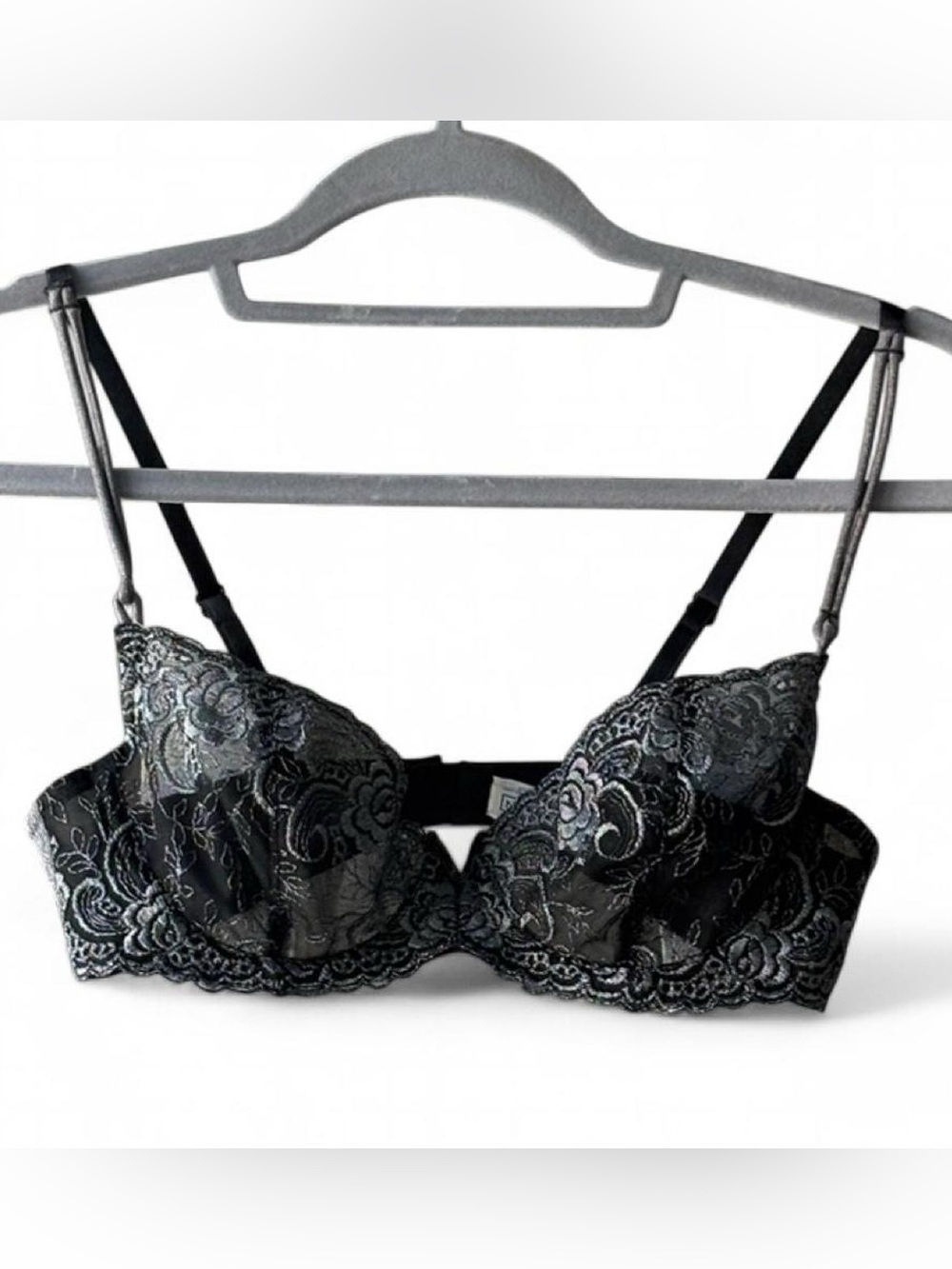 Vintage Natori Black & Silver Sheer Mesh Lace Unlined Cups Bra Size 34B